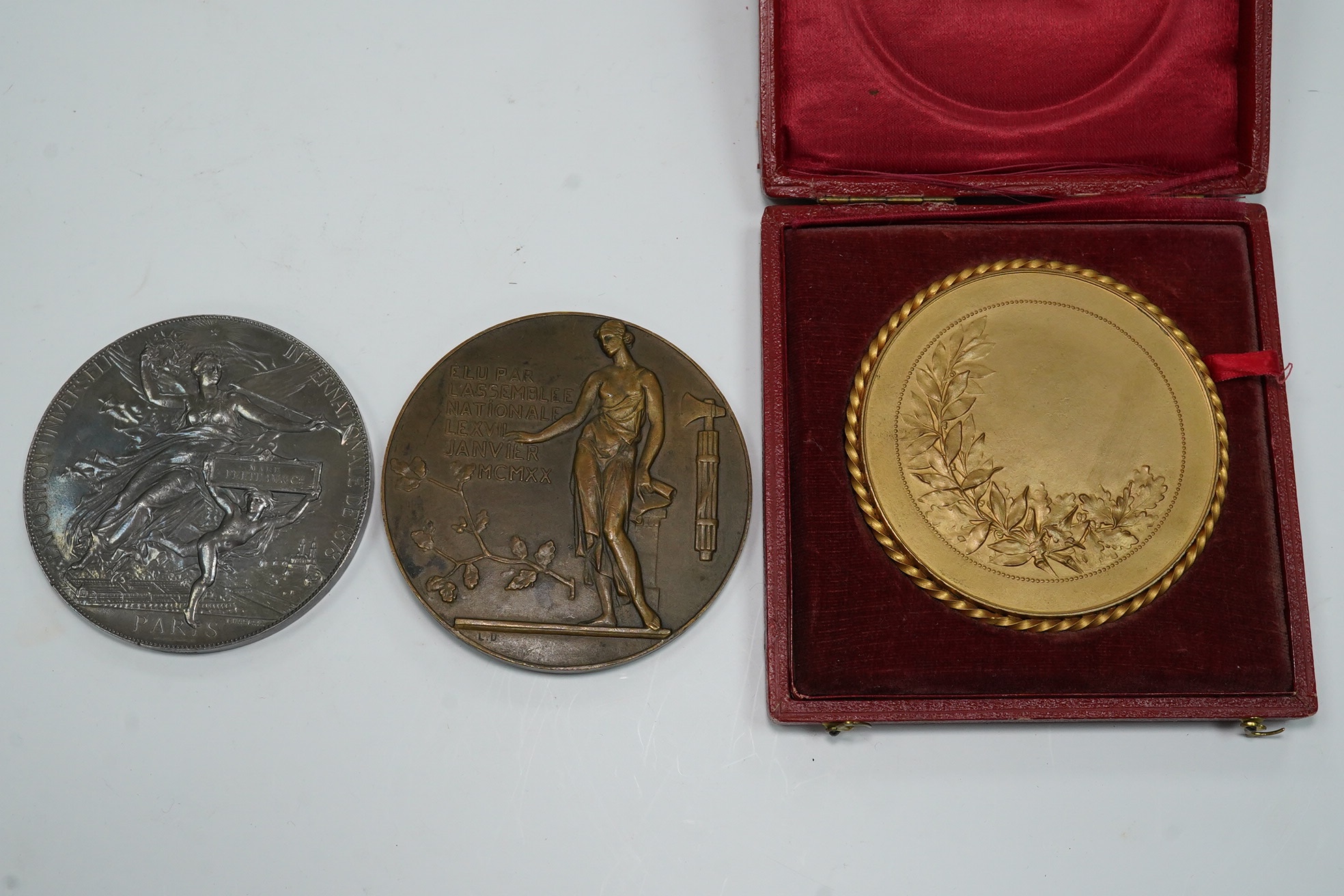 France, commemorative medals, International Exposition, Paris, 1878, a silver medal by J.C. Chaplain, 68mm, 155g, near EF, toned together with Paul Deschanel President of Republic of France bronze medal, 1920, 72mm, EF a